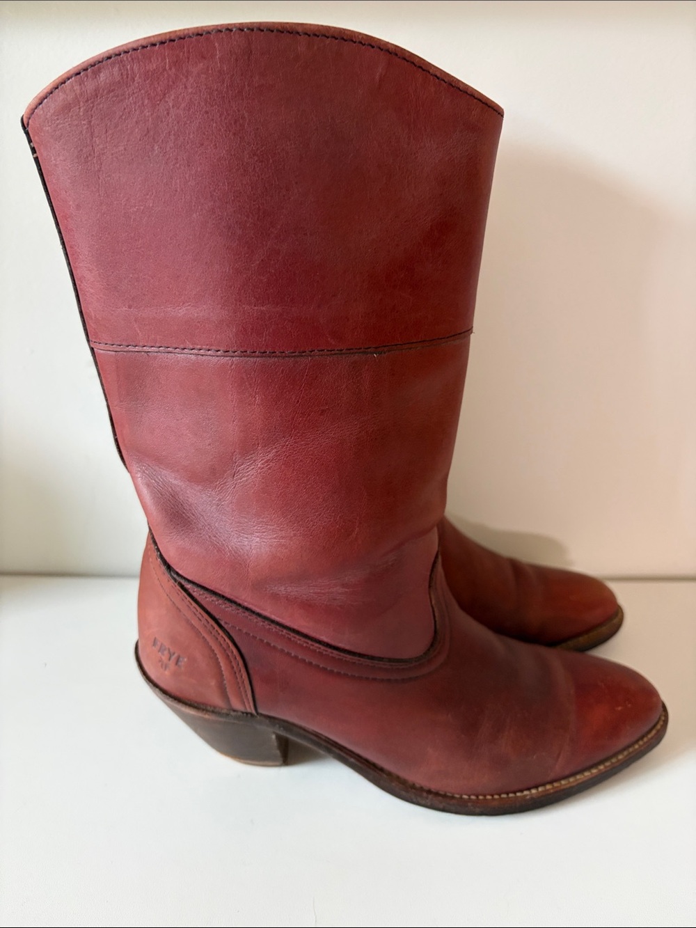 VTG Frye Faded Red Leather Mid-Calf Boots Size 7.5B Made in USA Western Cowgirl
